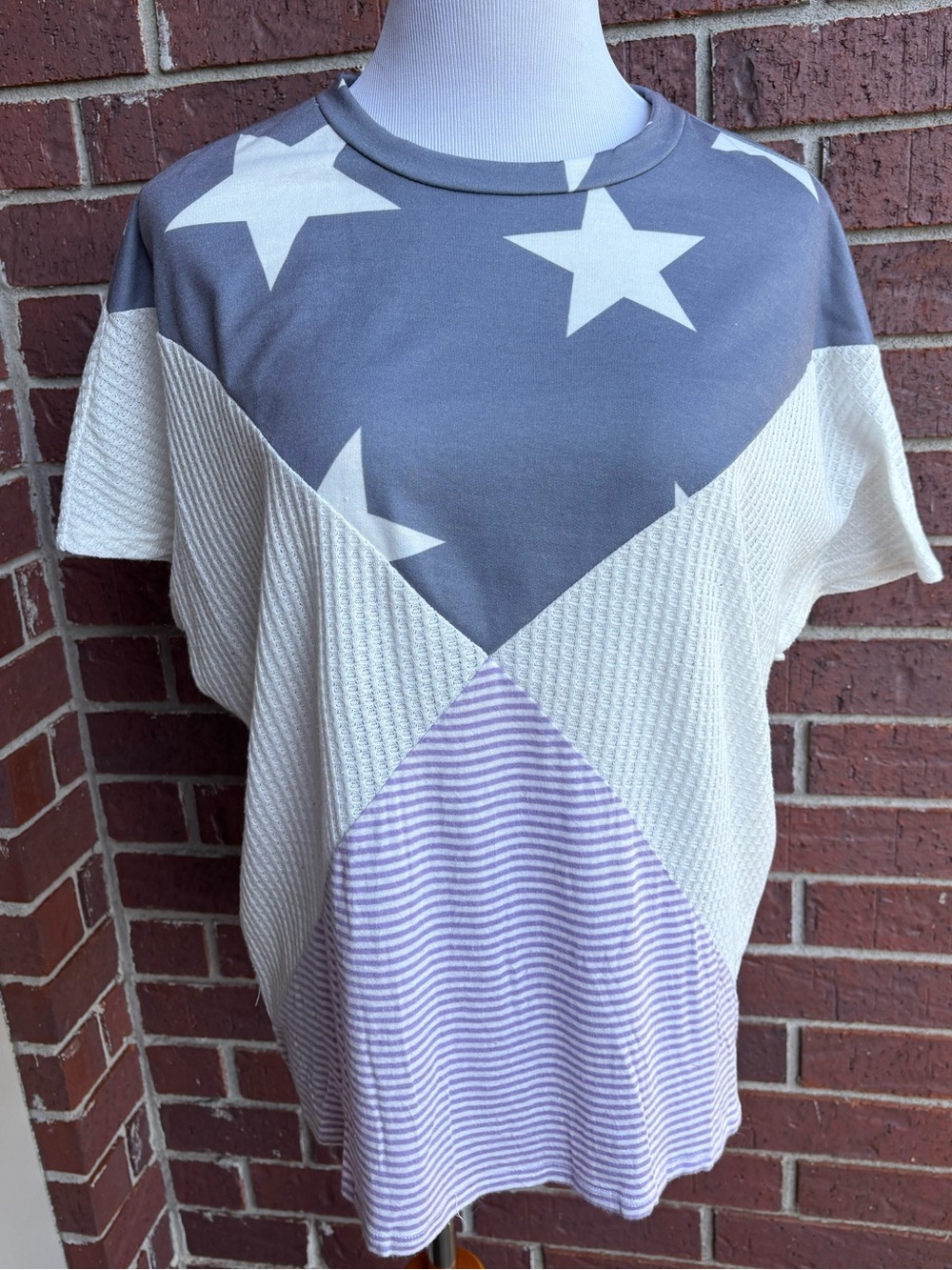Star Block Colorblock Knit Top - Gray, White & Lavender